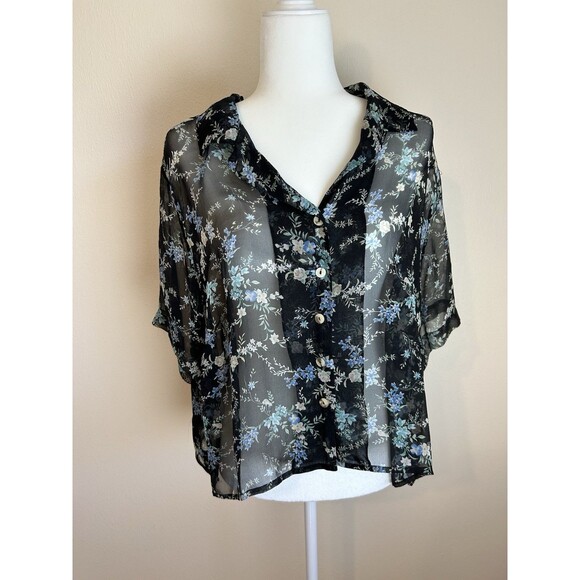 Robbie Bee 22W Vintage Sheer Black Shirt Blouse Floral Embroidered Fairy Button - Picture 1 of 6